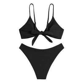 ZAFUL Women's Solid High Cut Cheeky Textured Twisted Knot Bikini Set Two Piece Swimsuit (3-Black#17, L)