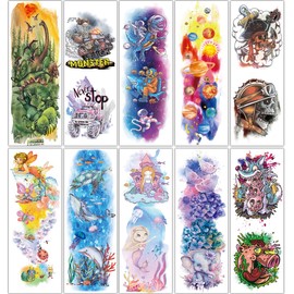 CHARLENT Temporary Tattoos for Kids with Full Sleeves - 11 Sheets Temporary Tattoos for Full Arm for Boys and Girls, Birthday Party Gifts and Goodie Bag Fillers