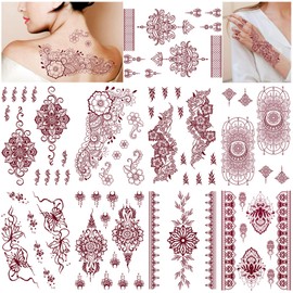 DPKOW 9pcs Brown Red Temporary Tattoos Mandala Flower Fake Tattoo Stickers for Woman Girls Hand Arm Body Art, Indian Lace Tattoos Eid Wedding Party Favor Supplies, Waterproof Temporary Tattoos