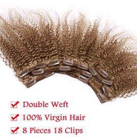 Silk-co Clip-In Real Hair Extensions, Kinky Curly Afro Double Wefts Hair Extension for Complete Hair Extensions, 8 Pieces, 18 Clips, 7A Real Human Hair, 40 cm - 115 g, #27 Dark Blonde