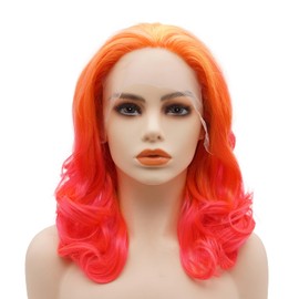 LUSHY BEAUTY Hair Synthetic Lace Front Wig Wavy Shoulder Length 16inch Yellow Root Rose Red Ombre Heavy Density Heat Resistant Realistic Wig