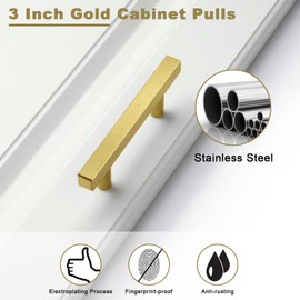 Estmoon 30 Pack Brushed Brass Cabinet Handles 3 Inch Gold Cabinet Pulls Modern Square Drawer Pulls Brass Gold Dresser Pulls Hardware Kitchen Handles for Cabinets and Drawers, 5" Total Length