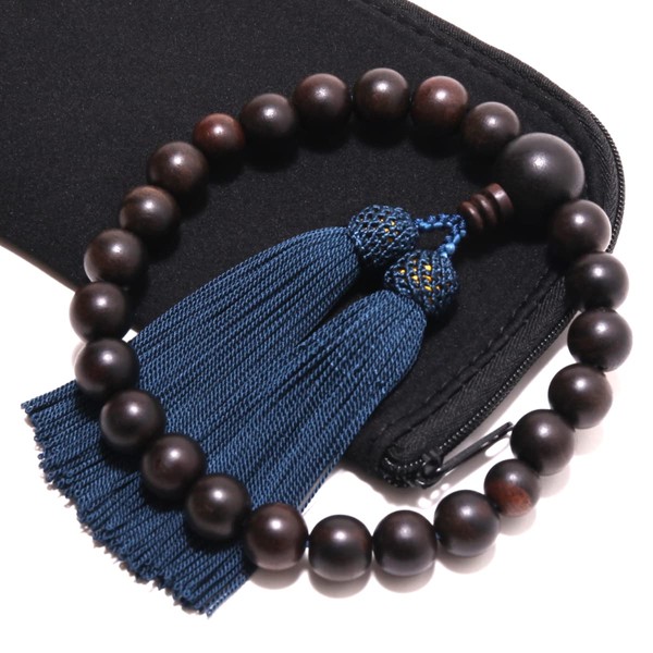 Nenjudo < Japanese Prayer Beads > Banded Ebony 22 Beads < Rosary Bag Included > Men's Handmade Prayer Beads (Tassel Color, Iron Navy), Can Be Used in All Sect (80 Years Old)