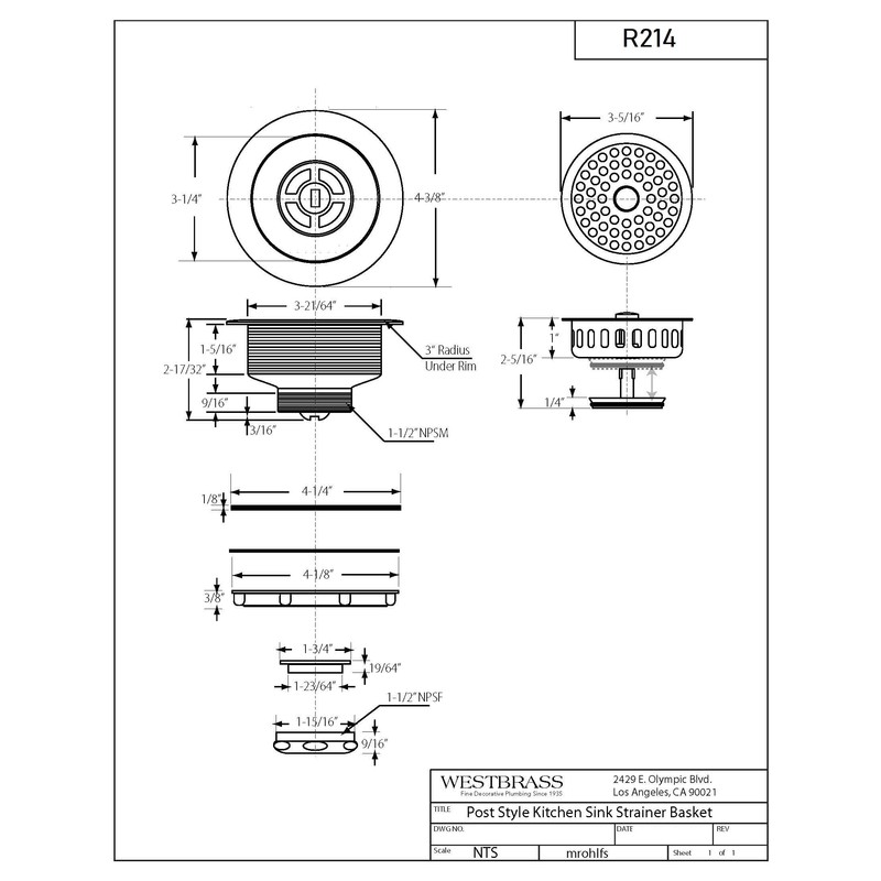 Westbrass R214-11 3-1/2-Inch Large Post Style Kitchen Sink Basket Strainer,