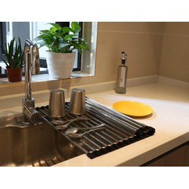 Ahyuan Large Roll up Dish Drying Rack Square Tubes Stainless Still over the Sink Dish Rack Dish Drainers for Kitchen Sink Counter Roll-up Drying Rack Foldable Dish Drying Rack (17.7''Wx17.2''L)