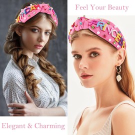 COCIDE Birthday Princess Headbands for Women Knotted Headbands for Women Pearl Wide Plain Turban Colorful Beads Hairbands Fashion Cross Knot Hair Bands with Crystal and Rhinestones (Pink, one size)
