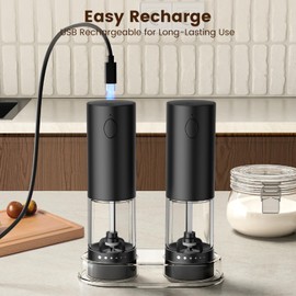 Electric Salt and Pepper Grinder Set – USB Rechargeable Automatic Grinder Set with LED Light, 6 Adjustable Coarseness Levels, Large Capacity, 2-Pack Electric Salt and Pepper Shakers