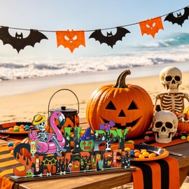 Summerween Party Decorations Happy Summerween Wooden Table Decor 11.8x5.4 Inch Summerween Party Decorations Table Centerpiece with Skeleton for Summer Halloween Beach Themed Party Home Tabletop