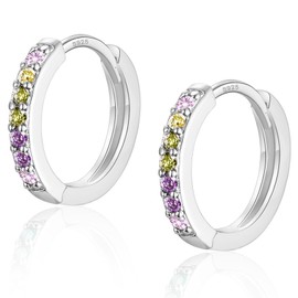 Silver Hoop Earrings for Women, Sterling Silver Small Huggie Hoop Earrings | Hypoallergenic Colorful Cubic Zirconia Hoops Earrings Jewellery Gifts for Girls Birthday Wedding