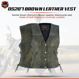 Daniel Smart Brown Women’s Motorcycle Leather Vest Premium Cowhide Ladies Leather Vest with Side Laces & insides