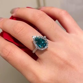 XRCXBLSC 925 Sterling Silver Teardrop Shape Emerald Solitaire Rings Inlay AAA Cubic Zirconia Simulated Diamond CZ Wedding Bands Promise Rings for Women Jewelry Gift M