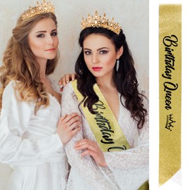 VELSCRUN Gold Crystal Birthday Queen Tiara Crown for Women Girls Birthday Queen Headband Sash Elegant Princess Crown with Combs Hair Accessories Happy Birthday Party Decorations Mom Birthday Gift