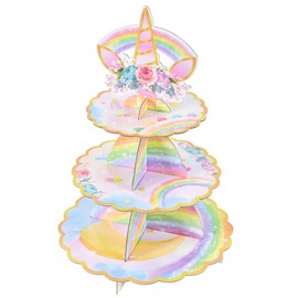 Unicorn Cupcake Stand - Unicorn Birthday Party Decorations for Girls Kids 3-Tier Cardboard Dessert Tower Holder Round Serving Tray Stand Horn Theme Baby Shower Supplies