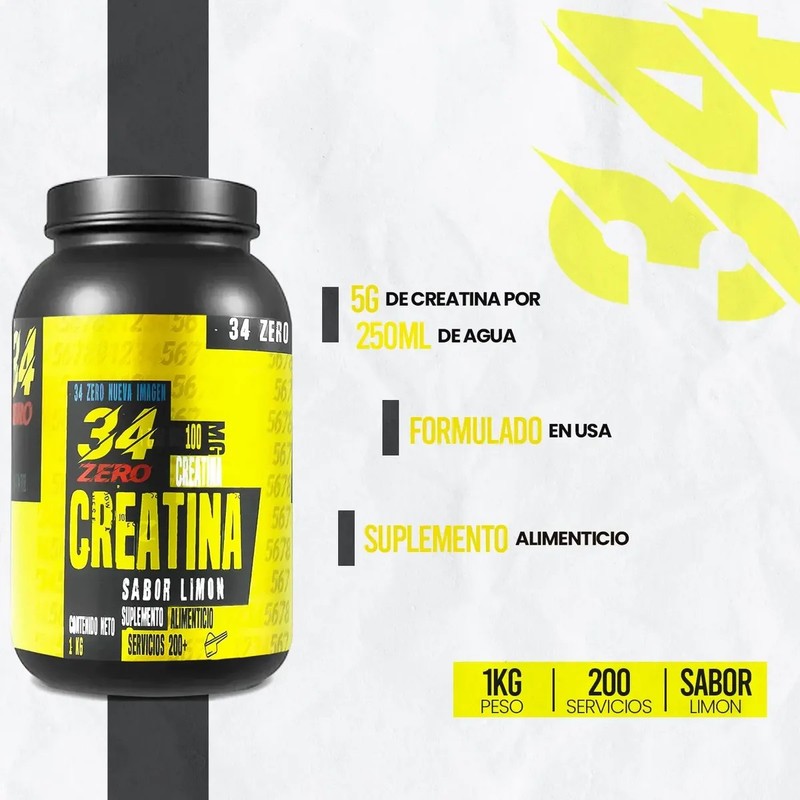 Creatina Monohidratada 1kg 34 Zero Suplemento Polvo 200servi