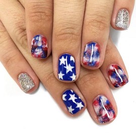 24Pcs 4th of July Silver Glitter Press on Nails Short Square Independence Day Fake Nails American Flag Glue on Nail Red and Blue Ink Patriotic Design Cute Acrylic Nails Stick on Nails for Women
