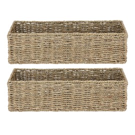 WEAVELYRICS [2-Pack] Seagrass Storage Baskets, Rectangle Wicker Containers, Wicker Toilet Basket Tank Topper, Handwoven Natural Storage Baskets for Shelves, Bathroom, Bedroom (16" x 6.5" x 4.3")