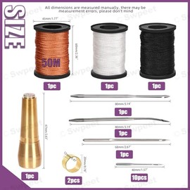 Swpeet 10Pcs Kit de herramientas de costura portátil de lona y cuero incluye 50m de hilo de nylon encerado, mango de cobre, 2Pcs de dedal para telas pesadas, herramientas de costura de cuero hechas a