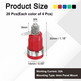 sourcing map 20 Pcs Banana Jack, 32A M4 x 9mm Panel Mount Banana Female Panel Socket Jack, 4mm Binding Post Adapter for Banana Plug Connectors, 5 Colors