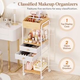 Lifewit Floor Makeup Organizer Storage Cart with Drawers and Wheels, Skincare Cosmetics Organizer with Removable Top Tray, Vanity Organizer for Nail Polish Perfume Makeup Brush, Ideal Gift, White