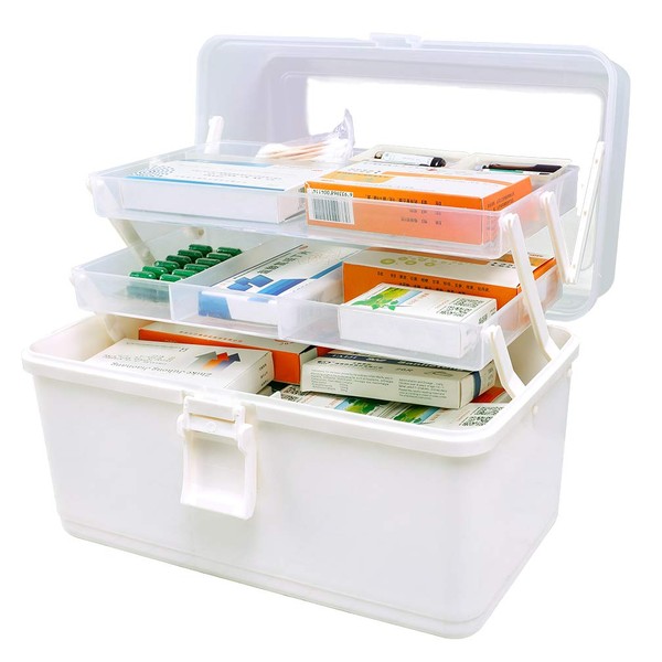 Hershii Plastic Medical Storage Containers Medicine Box Organizer Home Emergencies First Aid Kit Pill Case 3-Tier with Compartments and Handle (Large, White)