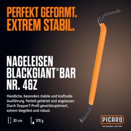 PICARD BlackGiant Bar Nail Iron No. 46Z 0.6 kg | 300 mm Length | 90° Lever Force Design | Non-Slip | For Roofers Masons Locksmiths | Bend-resistant & Durable