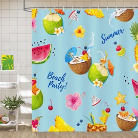 Bonhause Summer Fruits Shower Curtain, Tropical Coconut Pineapple Watermelon Cherry Bathroom Curtain 72 x 72 Inch Polyester Fabric Waterproof Bath Curtain with 12 Hooks