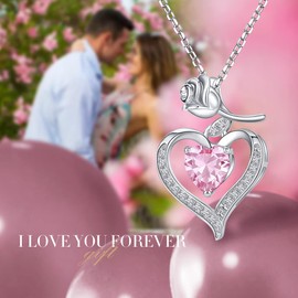Love Heart Rose Necklace Women Girls Birthstone Pendant Necklace Jewellery for Girlfriend Wife Mum Daughter Christmas Mother's Day Birthday Gifts, 18K platinum plated, Zircon