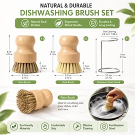 Ruispeed Bamboo Dish Brush Set 4Pcs With Holder Kitchen Cleaning Brushes