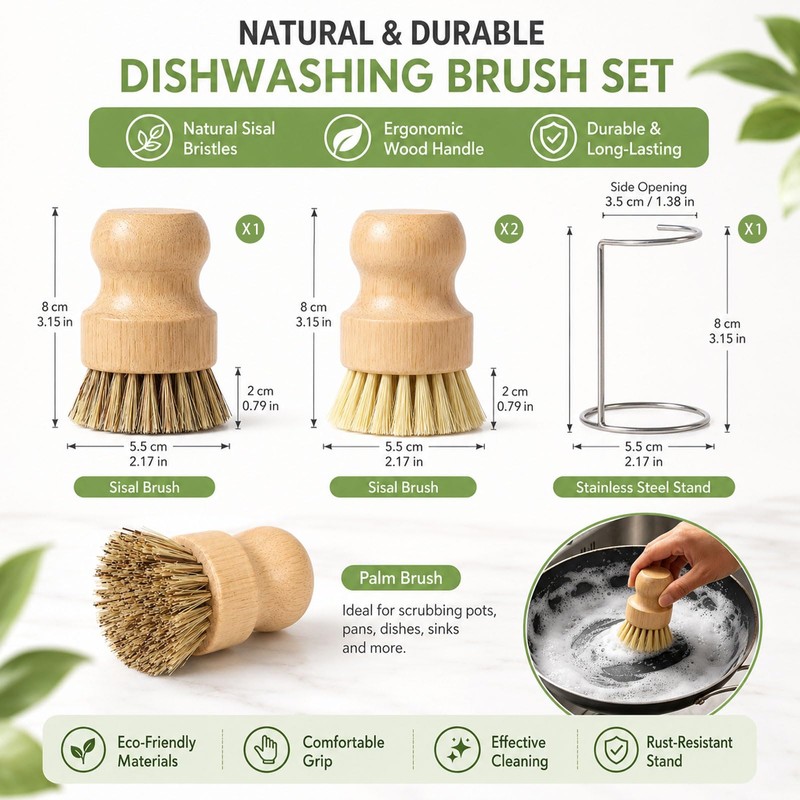 Ruispeed Bamboo Dish Brush Set 4Pcs With Holder Kitchen Cleaning