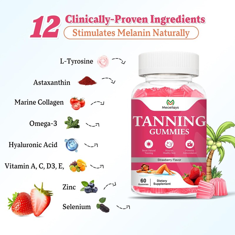 2 Pack Tanning Gummies for Women, Daily Tanning Supplement Melanin