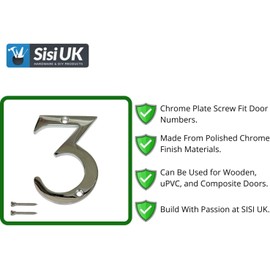 Chrome Door Numbers Screw On 3 Inch Number 3 Door Number Elegant and Bold Door Numerals Suitable for All Door Types Including Wooden uPVC and Composite.