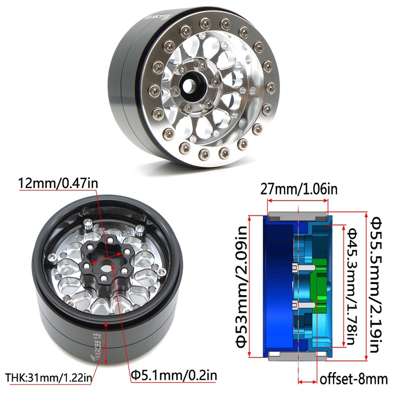 TxxRcss Rc 1.9 Inch Beadlock Wheel Negative Offset 8mm Aluminum