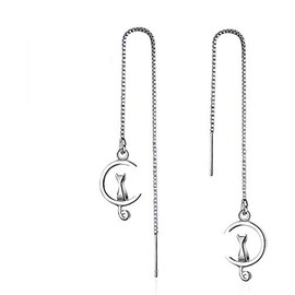 COLORFULBLING White Gold Plated Long Tassel Chain Sweet Cat on Moon Dangle Drop Threader Earrings for Women
