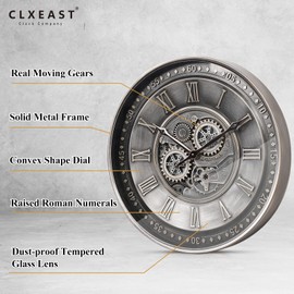 CLXEAST 24 Inch Large Moving Gear Wall Clock for Living Room Decor, Antique Silver Metal Roman Numerals Wall Clocks for Home Office