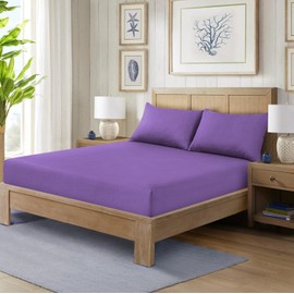 CHARKHAH Polycotton Fitted Sheet for Single Double King Super King Bed 200 Thread Count Anti Wrinkle Plain Bedding 25 cm Extra Deep Fitted Sheets Cover with Elastic Edges (Purple, King)