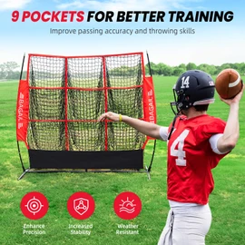 BAGAIL Football Throwing Net - 9 Target Pockets, Easy Setup, Heavy-Duty - Portable QB Accuracy Trainer, Fun Target Practice Net for Football with Carry Bag - 5x5FT, Red