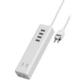 Elecom ECT-0415WH Power Strip USB Tap 3.4A (4 USB Ports, 2 Outlets), 3.9 ft (1.5 m), White