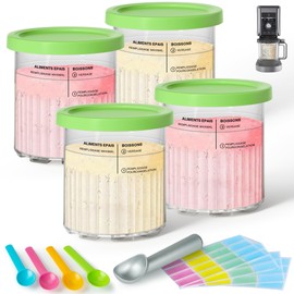 GuanQiao 4 Pack Creami Deluxe Pints & Lids for Ninja, 24 Oz Compatible with NC500 NC501 Series Ice Cream Makers, with 5 Spoons & 64 Writable Labels, BPA-Free & Dishwasher Safe, Green