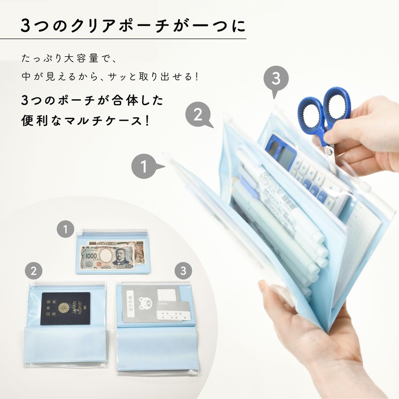 3 Pocket Clear Pouch, Clear, Gray