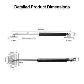 Pack of 2 gas pressure dampers 300N, gas spring damper, furniture air pressure damper for doors and cabinets, gas strut lift cabinet, air pressure damper for dressing tables, wardrobes, gas springs