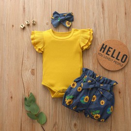 Newborn Infnat Baby Girl Sunflower Clothes Ruffle Ribbed Rompers Shirts Tops and Denim Shorts Pants 2 Piece Outfits Set (0-3 Months,Yellow)