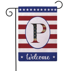 Patriotic Decorative Flag Initial Letter Garden Flags with Monogram P Double Sided American Independence Day Flag Welcome Burlap Garden Flags 12.5×18 Inch for House Yard Patio Outdoor Decor(P)