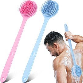 Sunnyray 2 Pack Scrubber Anti Slip for Shower, 15 Inch Soft Silicone Bath Body Brush Back Scrubber with Long Handle, Improved Skin Health Can Produce Foam for Men and Women (Pink,Nordic Blue)