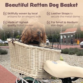 Wiklibox Natural Wicker Dog Bike Basket - 100% Organic Rattan Pet Carrier with Protective Grille - Eco Friendly Design - Soft Cotton Cushion & Mounting Bracket for Secure Bicycle Rear Luggage Rack