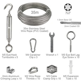 Wire Rope Stainless Steel Set 60 Pieces, 35 m/2 mm Steel Cable for Trellis with M5 Turnbuckle Rope Tensioner, Eye Bolt/Eye Screw Eyelets, Rope Thimbles, Aluminium Rope Clamps, Wire Rope Clamps
