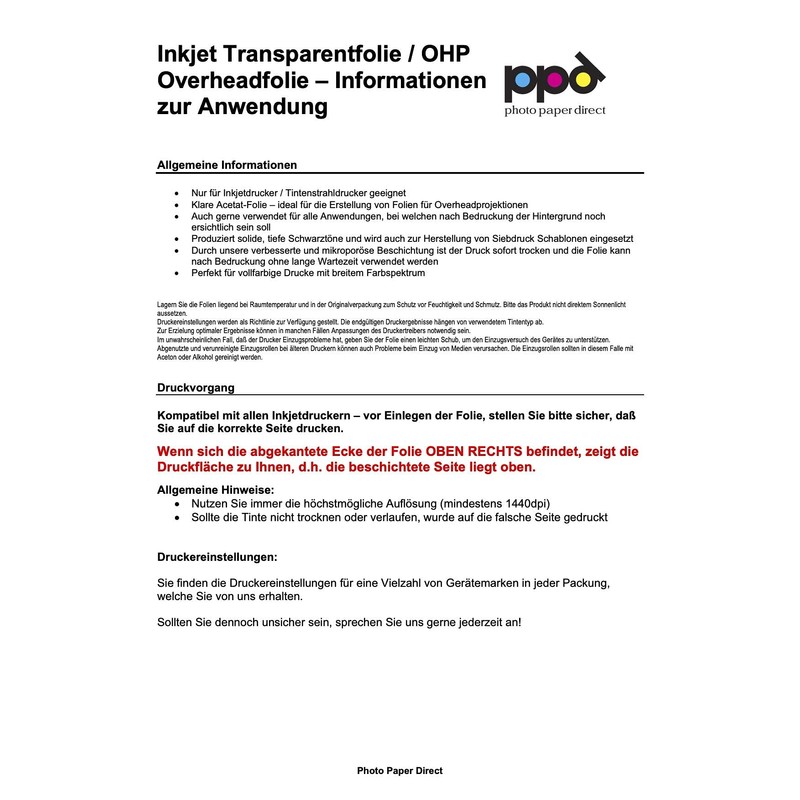 PPD 5 x A4 Inkjet Premium Overhead Film for Full-Colour