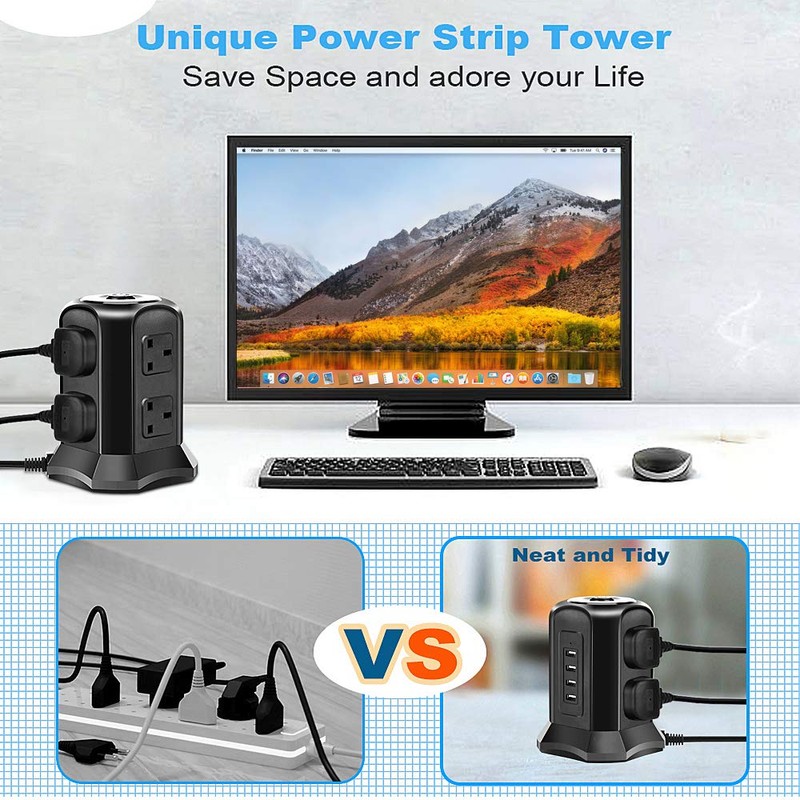 Tower Extension Lead, Vertical Power Strip with 6 sockets and