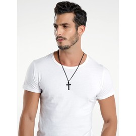 REVEMCN Inspirational Bible Verse Cross Necklace for Men Boys, Stainless Steel Plain Black Silver Cross Pendant Necklace for Men 20-24 Inches Curb Chain Faith Jewelry Gift (Isaiah 41:10 - Black, 20)