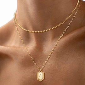 LOYATA Layered Gold Necklaces for Women，Initial Pendant Necklace for Women Tiny Beaded Necklace Chain Hexagon Dainty Letter Necklace Gold Trendy Jewelry for Women