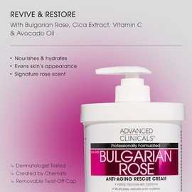 Advanced Clinicals Bulgarian Rose Oil Cream Anti Aging Rescue For Face Hands Neck Spa Size 16oz